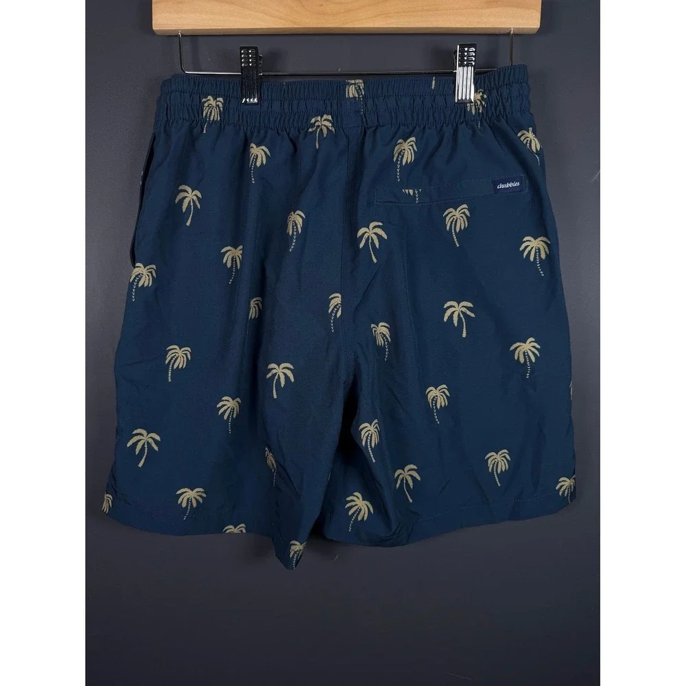 Chubbies Mens Medium Navy Palm Tree Print Swim Trunks Shorts 7 Inch Inseam